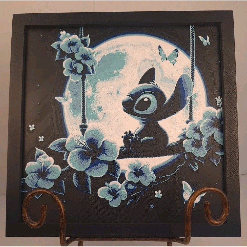 3D Printed Stitch Swinging In Moonlight With Plumeria Wall Art Print 8"x8"